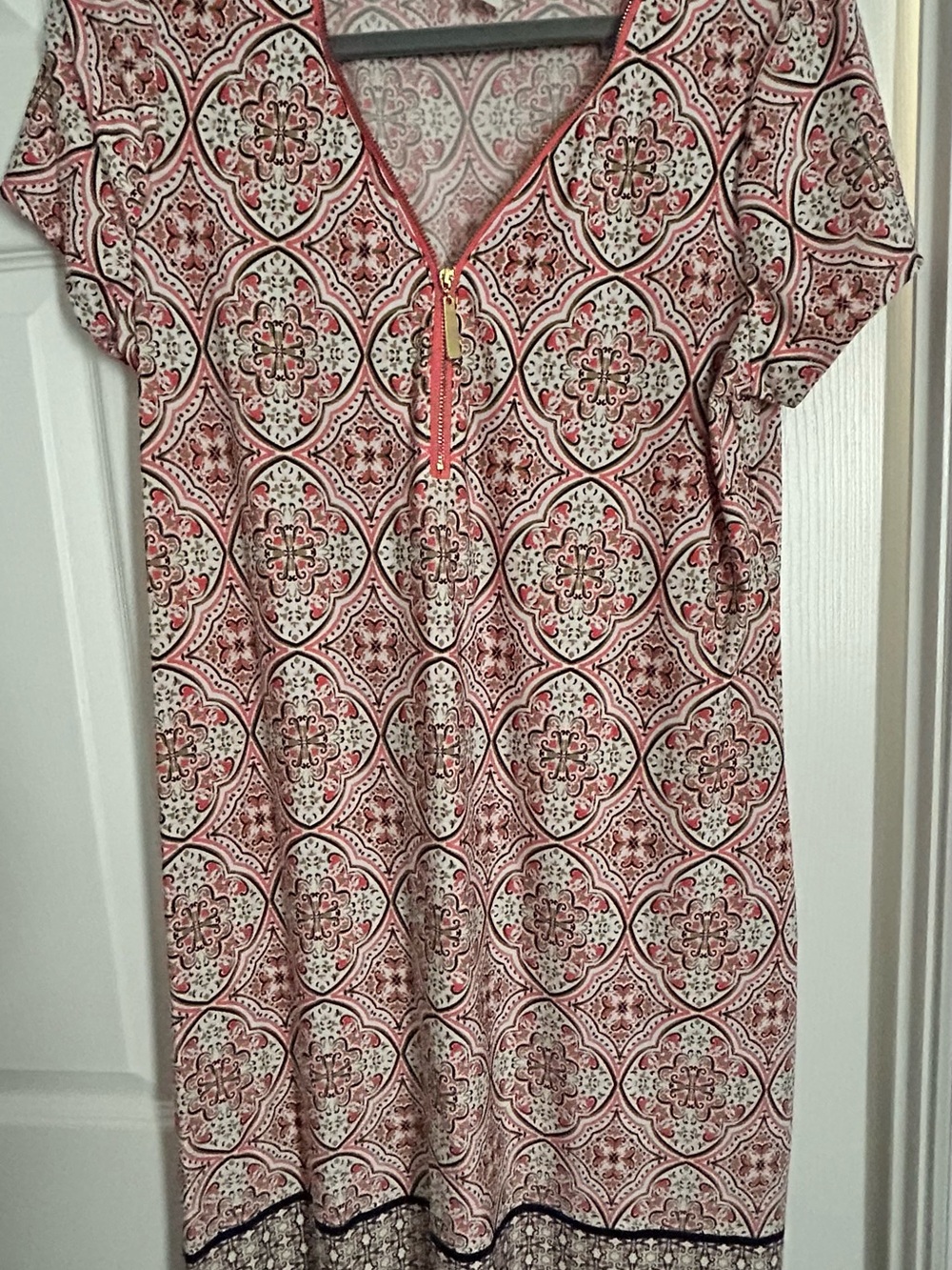 Tacera Pink Patterned V-Neck Short Sleeve Tunic